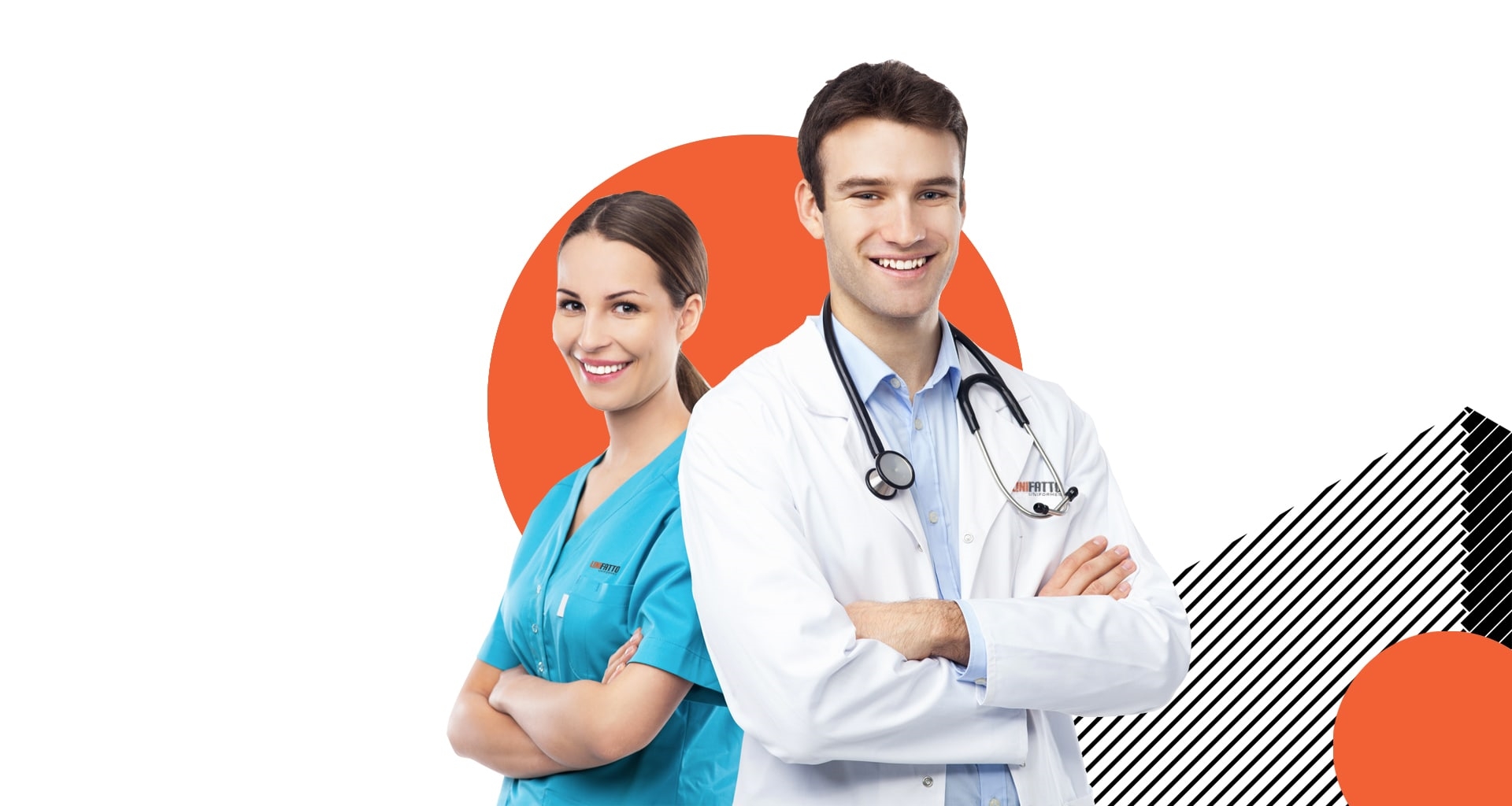 Pessoas usando uniforme hospitalar com a logo da Unifatto